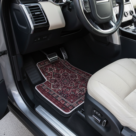 Bidjar Burgundy ethnic car mat installed in Range Rover Sport - premium oriental floor mat with burgundy vine design