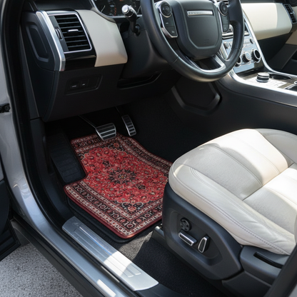 Kashan Coral ethnic car mat installed in Range Rover Sport - premium oriental floor mat with coral red design