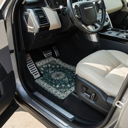 Kerman Emerald ethnic car mat installed in Range Rover Sport - premium oriental floor mat with emerald green design