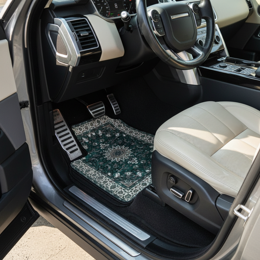 Kerman Emerald ethnic car mat installed in Range Rover Sport - premium oriental floor mat with emerald green design