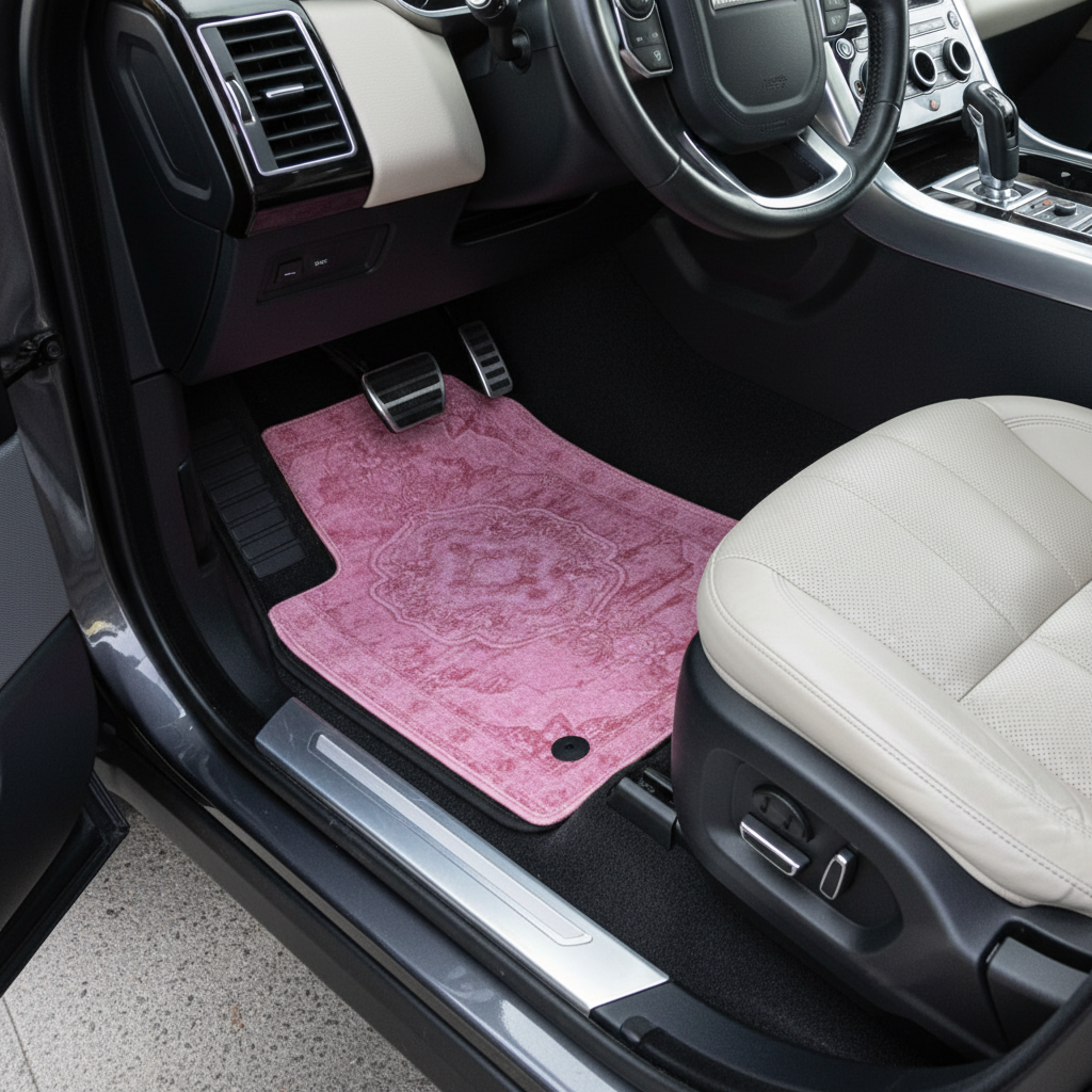 Qum Rose ethnic car mat installed in Range Rover Sport - premium oriental floor mat with pink rose design