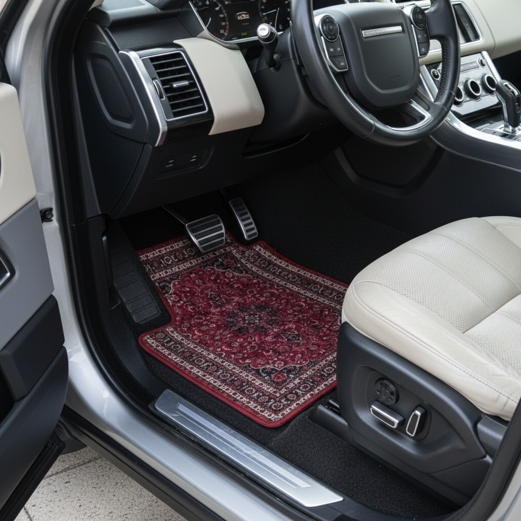 Isfahan Garnet ethnic car mat installed in Range Rover Sport - premium oriental floor mat with burgundy red design