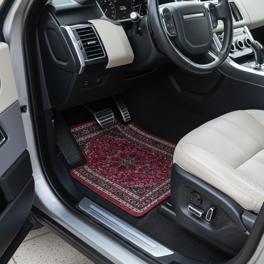Isfahan Garnet ethnic car mat installed in Range Rover Sport - premium oriental floor mat with burgundy red design