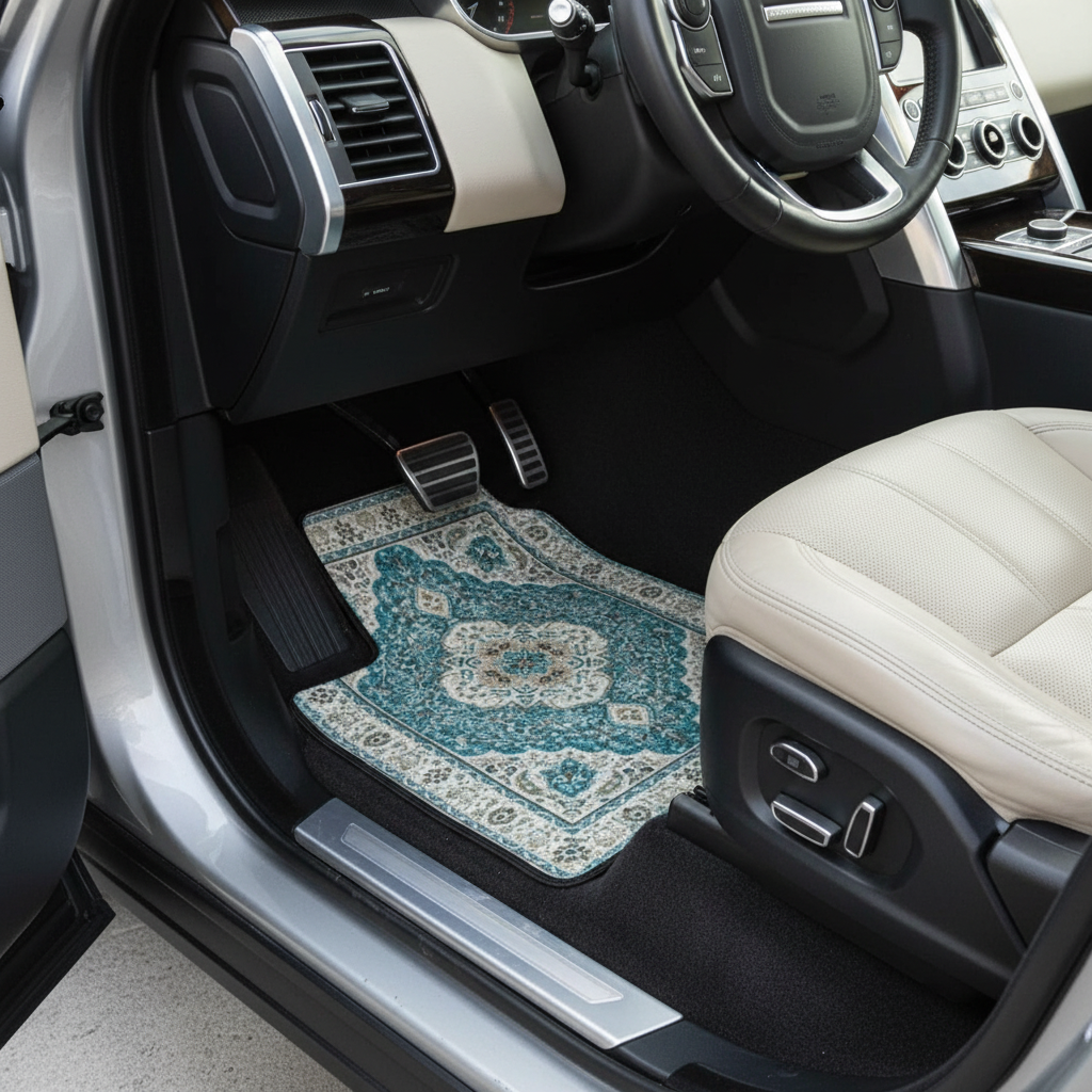 Tabriz Aquamarine ethnic car mat installed in Range Rover Sport - premium oriental floor mat with turquoise design